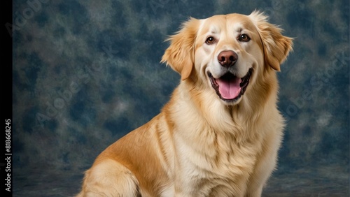 golden retriever dog smiling at the camera sitting on a dark green background