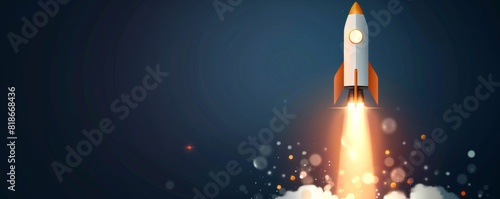Colorful and clean depiction of a rocket in space, representing high achievements and goals in business, minimalist illustration with space for text