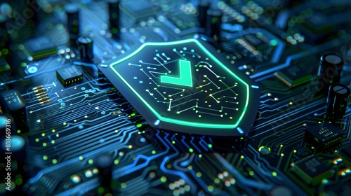 Close-up of a digital shield on a circuit board, representing cybersecurity and data protection in a technological environment.