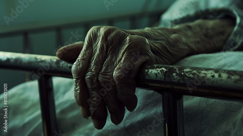 A close-up shot of weathered hands clutching a hospital bedrail, hinting at the frailty of life