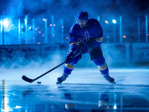 A professional ice hockey player in blue uniform skillfully maneuvers the puck on an illuminated rink. The dynamic scene captures the intensity and excitement of the sport.