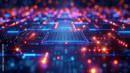 Abstract background of futuristic main processor chip with circuit lines. Bright area. Square stand. Bright stage. Exhibition area. Central axis. Demonstration place. 3D rendering.