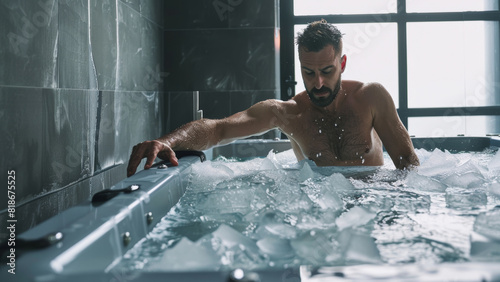 A focused man braves the chill in a frothy ice bath, determination etched on his face.