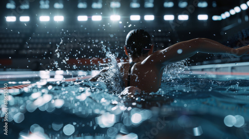 Athletic swimmer cutting through the water in a pool under the glow of arena lights.
