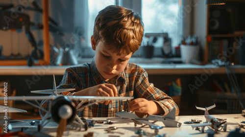 Concentrated young boy meticulously assembles a model airplane, surrounded by creativity.