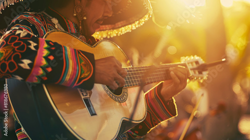 A musician, bedecked in traditional attire, passionately strums an acoustic guitar.