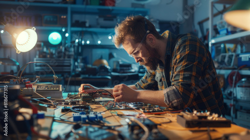 An engineer deeply focused, soldering components on a circuit board in his electronics workshop.
