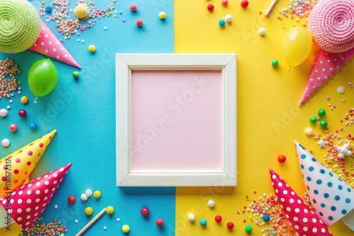 Colorful birthday party background with empty frame