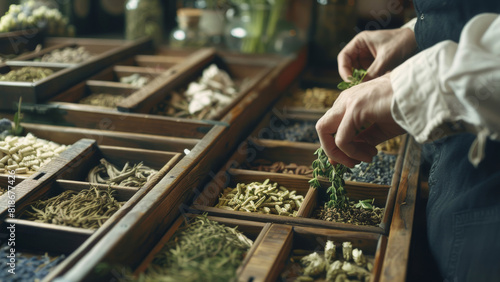 A herbalist selecting fresh ingredients from an assortment of traditional medicinal herbs.