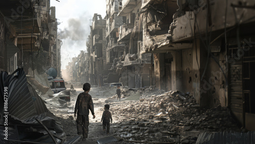 Children wander through war-torn city ruins under a hazy sky.