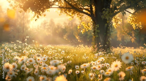 Ia meadow dotted with daisies and basking in the golden glow of the sun.