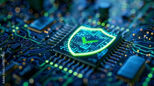 Close-up of a secure microchip with a glowing shield icon representing cybersecurity, network protection, and technological security measures.