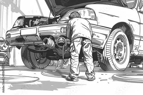 auto car repair service worker maintenance brakes tires engine mechanic line art technical illustration 