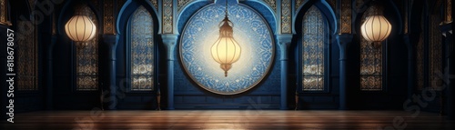  Illuminated crescent moon in ornate mosque interior