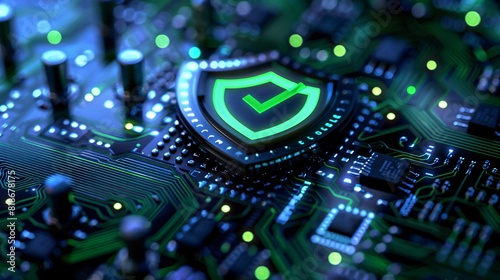 Close-up view of a digital shield icon on a circuit board, symbolizing cybersecurity, data protection, and technology security.