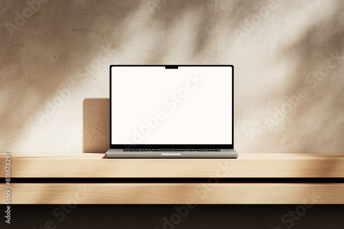 Apple MacBook Pro on the wooden desk on a plaster background