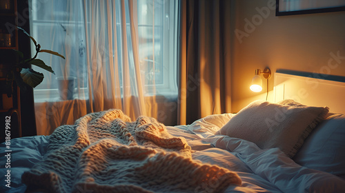 Bedroom interior with morning sunlight and bed linen. Vintage tone,empty double bed with crumpled pillow, morning light high resolution image,Cozy Bedroom Ambiance 