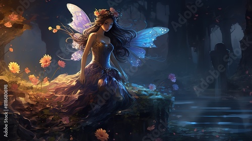 artful illustration pretty fairy princess in enchanted forest 