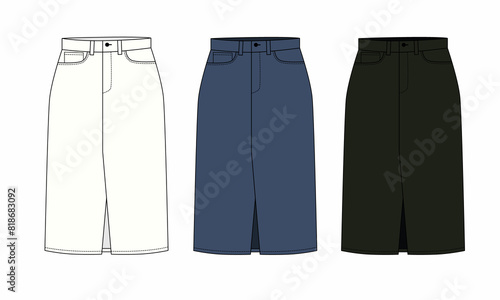 Illustration of women's denim skirt, isolate on white background. Drawing of midi skirt with pockets and zipper, front and back view. Template of fashionable skirt in white, blue, black colors.