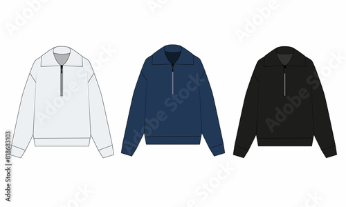 Technical drawing of a simple sweater with zipper closure and collar. Set of zip-up longsleeves in white, blue, black. Image of polo with dinny sleeve and zipper, isolate on white background.