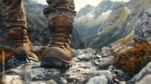 Show a close-up of hiking boots stepping on a rocky trail, capturing the texture of the boots and stones, with a mountain path backdrop, using hyper-realistic techniques, with Composite