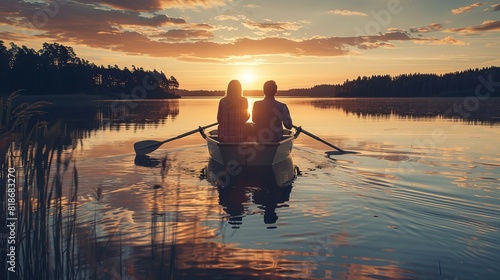 Show a medium shot of a couple rowing a boat on a calm lake, with the sun setting behind them, cinematic, hyper-realistic, 24mm, shot by Canon, with Overlay
