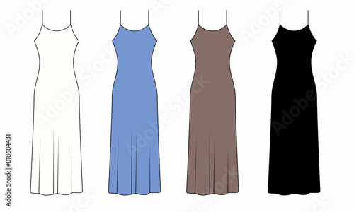 Collection of women's long sleeveless dresses pattern isolate on white background. Set of illustrations of sleep dresses white, blue, black colors. Drawing of maxi length strapless dresses.