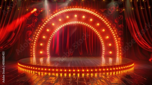 Circus stage podium background 3D carnival light red show curtain. Circus platform stage podium tent theater arena sign vintage spotlight circle stand bulb ringmaster ring cirque cartoon party cinema
