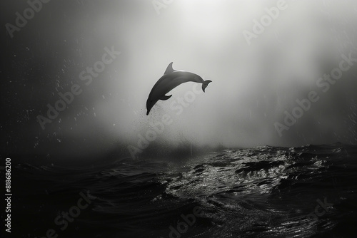 A bottlenose dolphin jumps out of the water into the air.