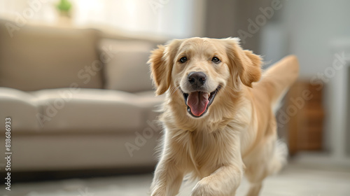 Happy puppy golden retriever dog enjoys running, in a happy and playful mood, light background, Adorable Pet Photo