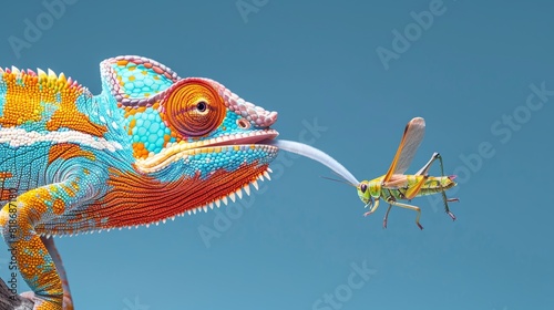 Close up photo chameleon with grasshopper beside its extended tongue in high quality