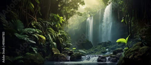 Majestic waterfall in a tropical setting, lush vegetation framing the cascading water, evoking serenity and power,