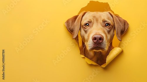 A cute labrador retriever dog peeking out of a yellow background from a hole in the paper with copy space. Adorable Pet Photography.
