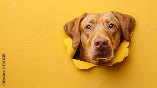 A cutelabrador retriever dog peeking out of a yellow background from a hole in the paper with copy space. Adorable Pet Photography.
