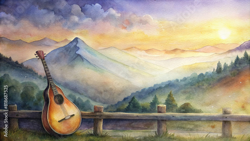 A serene watercolor painting portraying a mandolin and banjo hanging on a rustic wooden fence, overlooking a misty mountain valley at dawn