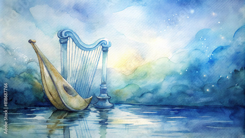 A serene watercolor artwork featuring a harp and lyre set against a soft, watery backdrop 