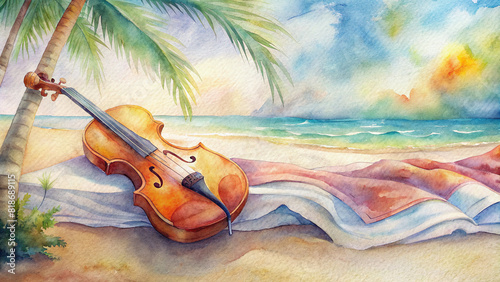 A whimsical watercolor painting depicting a violin resting on a colorful beach towel by the water's edge, under the shade of a palm tree