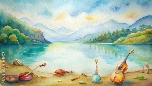 A watercolor painting of a tranquil lakeside scene, with musical instruments scattered on the shore