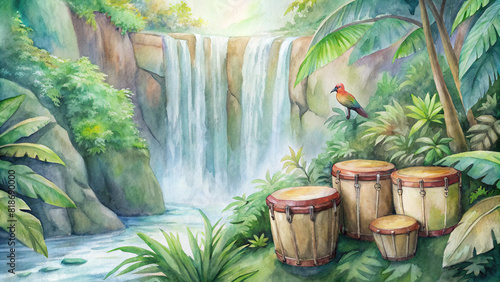 A tranquil watercolor painting showcasing a set of bongos placed beside a cascading waterfall in a lush jungle, with exotic birds chirping amidst the foliage