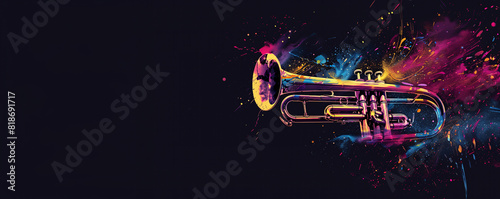 A colorful trumpet with splashes of color is the main focus of this image.