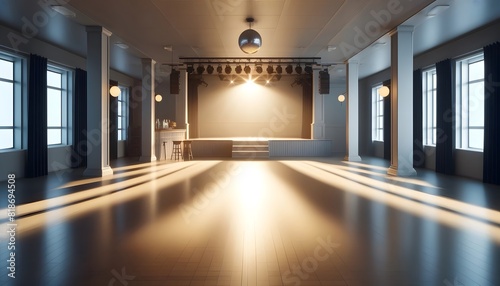 Spacious empty event hall with modern lighting and a minimalist stage, ready for various functions and gatherings.