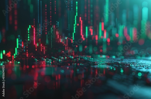 modern stock market candlestick chart on black background, green and red candles, green line going up in the middle of picture, stock trading graph, trading chart going upwards, flat lay photography