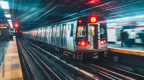 A bustling subway train departing from an underground station, illustrating the efficiency and convenience of mass rapid transit systems in urban areas.