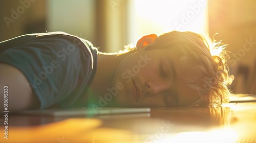 Young man sleeping with head resting on a desk, with warm sunlight streaming in from the background. Peaceful and serene atmosphere.