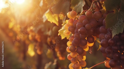 A close-up of ripe grapes hanging on vines under the warm sunlight, ready for harvest in a picturesque vineyard setting, showcasing the bounty of nature's harvest.