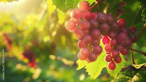 A cluster of ripe grapes hanging from a vine in a sunlit vineyard, with lush green foliage in the background, showcasing the natural beauty and bounty of a fruitful grape harvest.