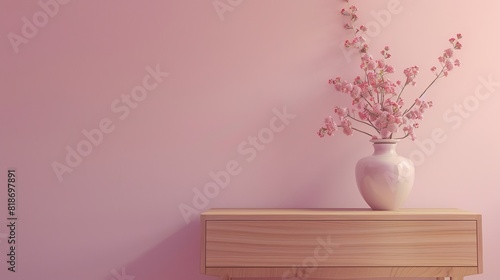 Minimalist wooden dresser with pink wall, flower vase, high resolution image for stock photo