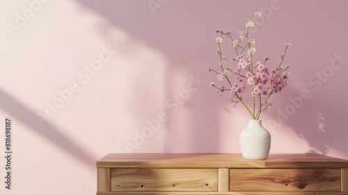 Minimalist wooden dresser with pink wall, flower vase, hyper-realistic high resolution image
