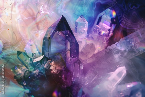 Flowing, mystical patterns and ethereal colors embodying the dreamy and ambient nature of new age music, with abstract crystals and nature elements