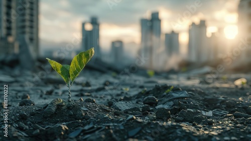 A single plant grows in a post-apocalyptic cityscape. The plant is a symbol of hope and new life, even in the midst of destruction.